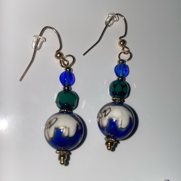 elephant and palm tree cloisonné and crystal earrings 2" drop - Picture 1 of 2